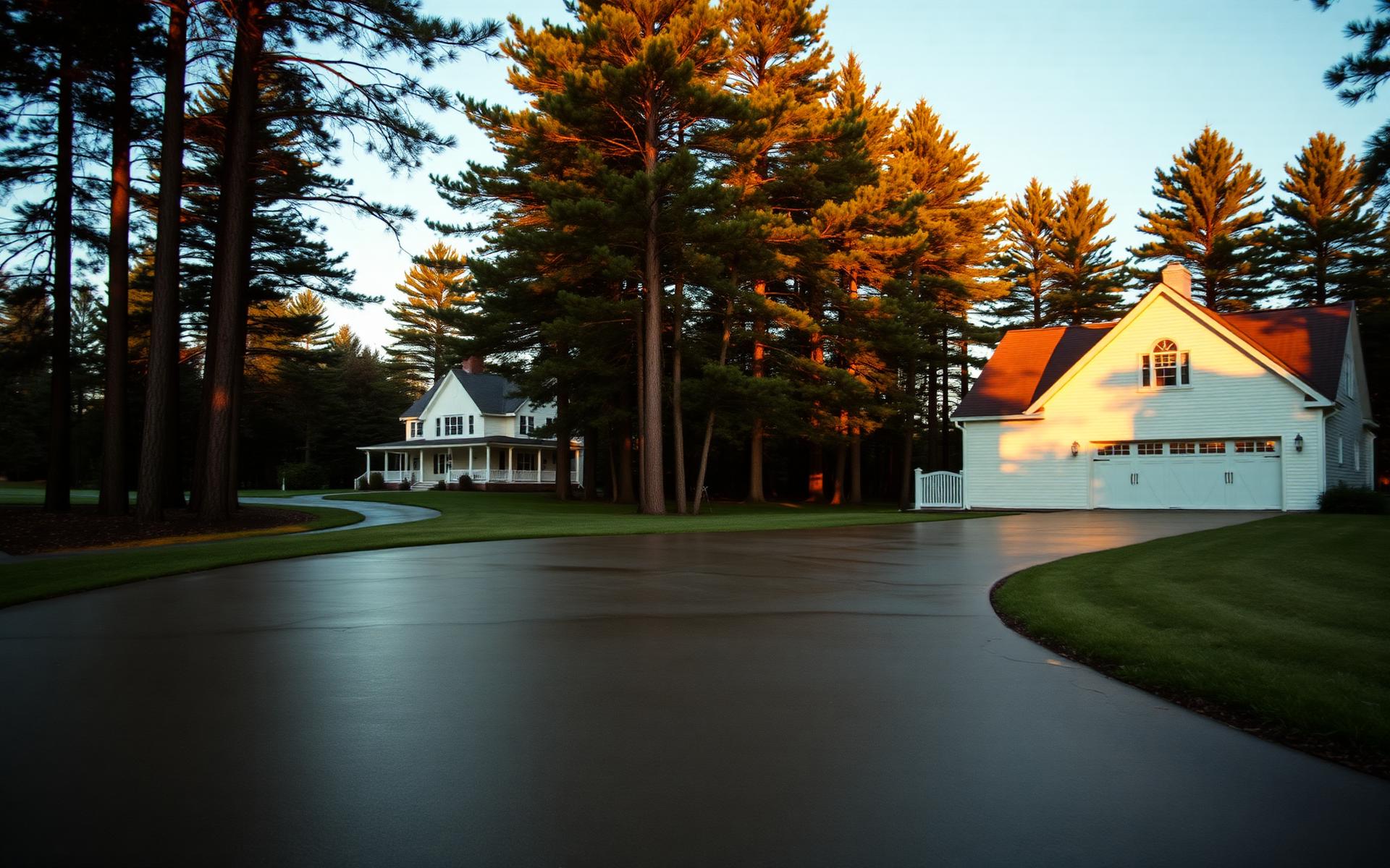 Freshly poured concrete driveway curving toward a farmhouse in rural Holton, Michigan at sunset